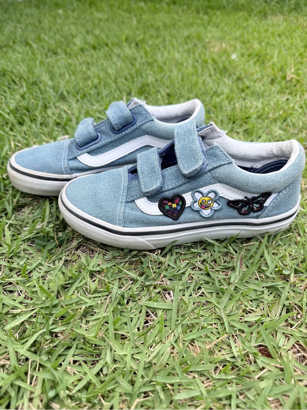 Vans Kids Light Blue Velcro Skate Sneakers with Fun Patch Accents